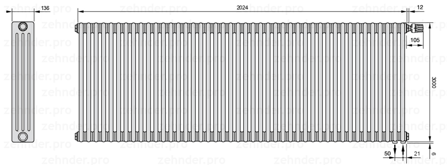 Схема (чертеж) Радиатор Zehnder Charleston 4300/44 №V002 Белый глянцевый RAL 9016